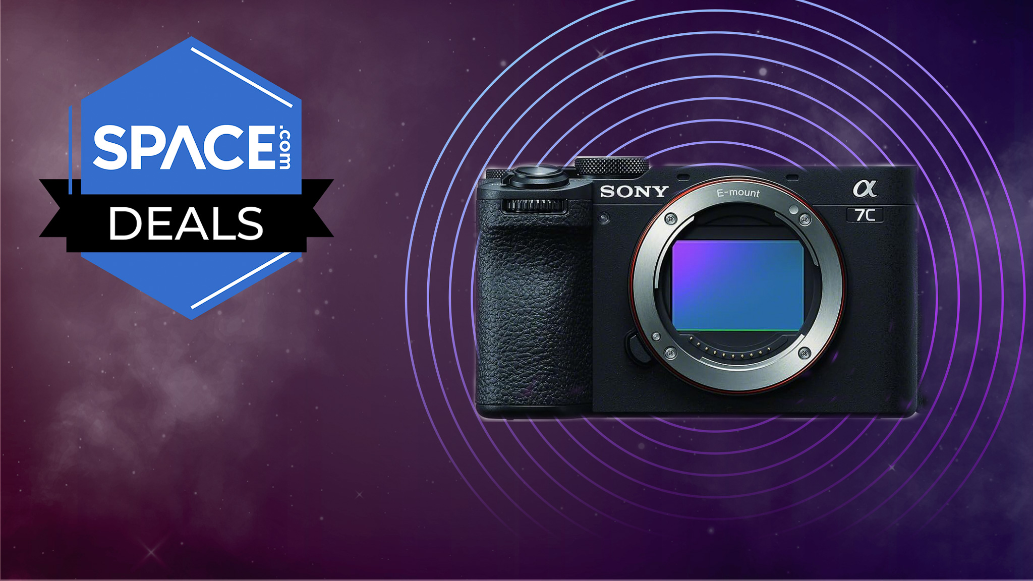 Sony A7C II with Space background and deal logo