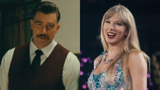 From left to right: Travis Kelce talking in Happy Gilmore 2 and Taylor Swift smiling during The Eras Tour. 
