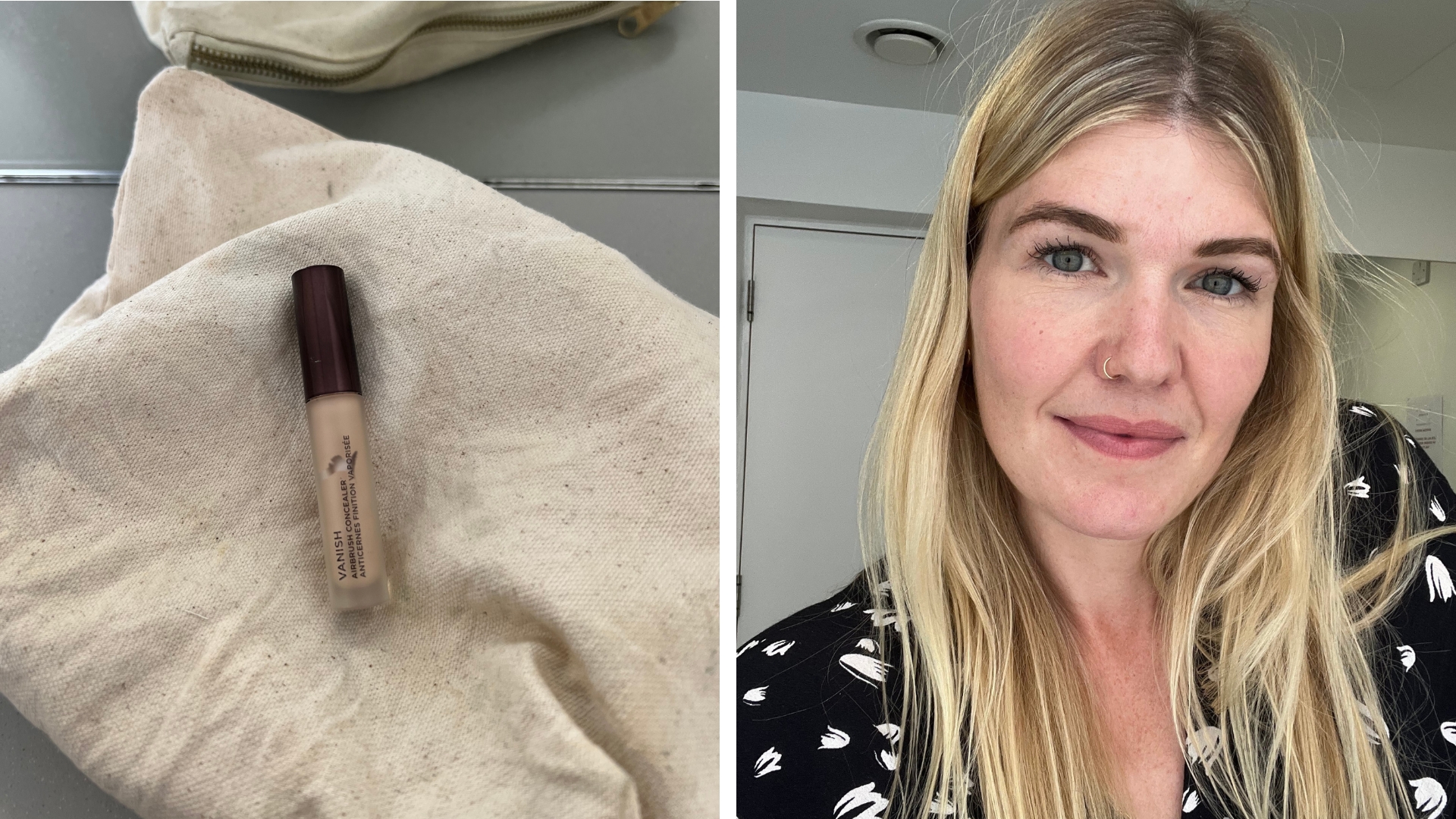 On the left, is close up of the mini Hourglass Vanish Airbrush Concealer, pictured on linen makeup bag, in front of a mirror and on the right, is a picture of Digital Beauty Editor, Fiona McKim seen wearing the concealer on her under-eyes.