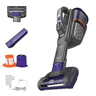 Black+decker Dustbuster Furbuster AdvanceClean+ Cordless Pet Handheld Vacuum with parts and attachments against white background