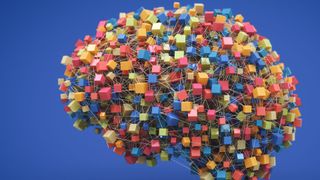 illustration of a human brain made up of colorful boxes connected by a network of taut wires