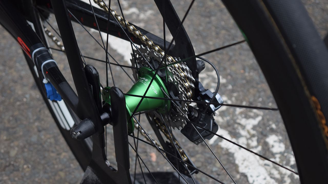 Each of the Dimension Data riders uses Emerald Green Chris King hubs on their ENVE wheels