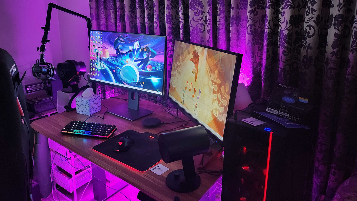 Nanoleaf Essentials Matter Lightstrip set-up on a desk.