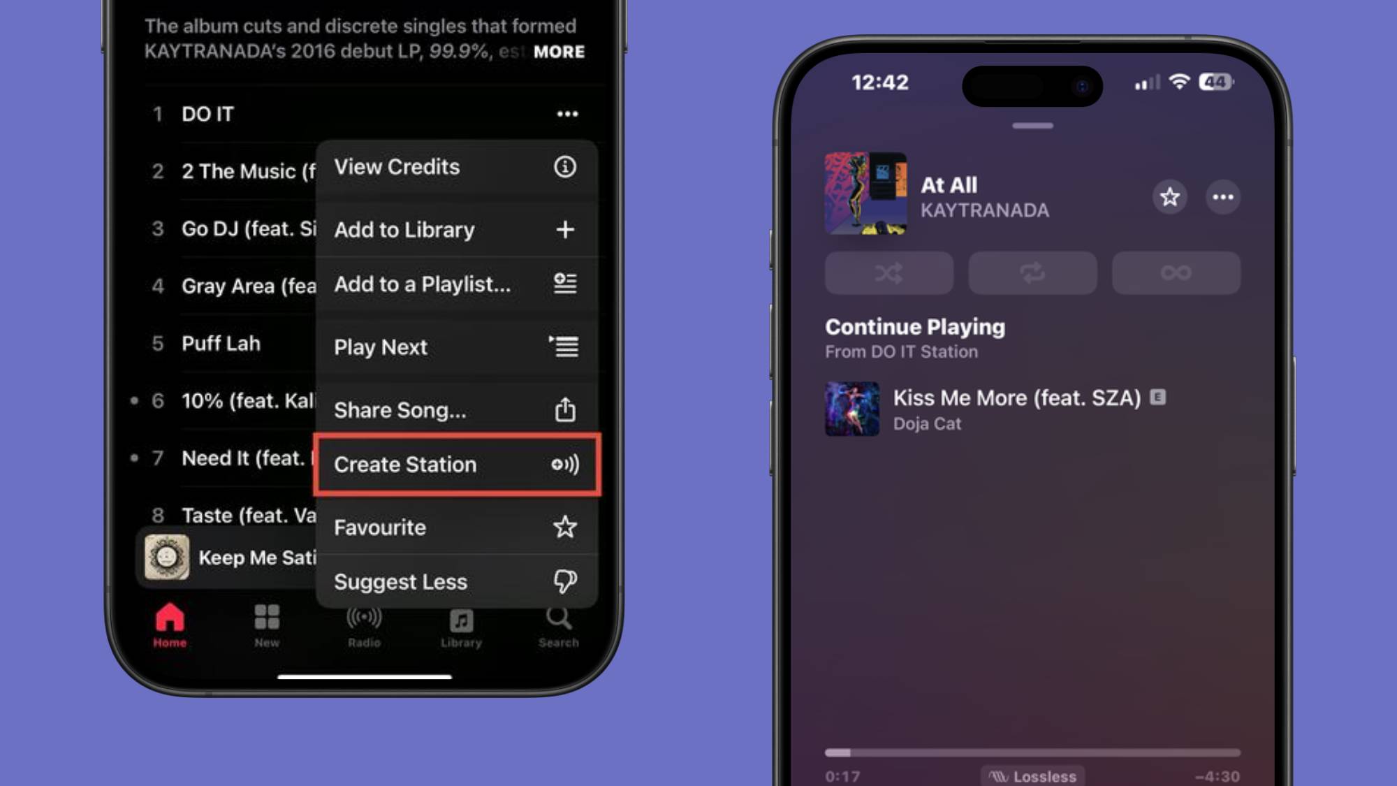 Screenshots of how to create a song radio station in Apple Music