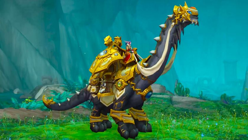 A screenshot of a dinosaur World of Warcraft mount standing in a verdant valley. It&#039;s a four-legged beast adorned with a golden saddle. A Night Elf character holds the reins and looks past its long neck.