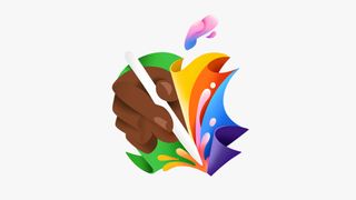 A custom Apple logo with colourful paint splashes and a hand gripping an Apple pencil in the centre