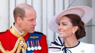 Prince William, Prince of Wales (Colonel of the Welsh Guards) and Catherine, Princess of Wales watch an RAF flypast ahead of the debut of The Royal Beat TV show.