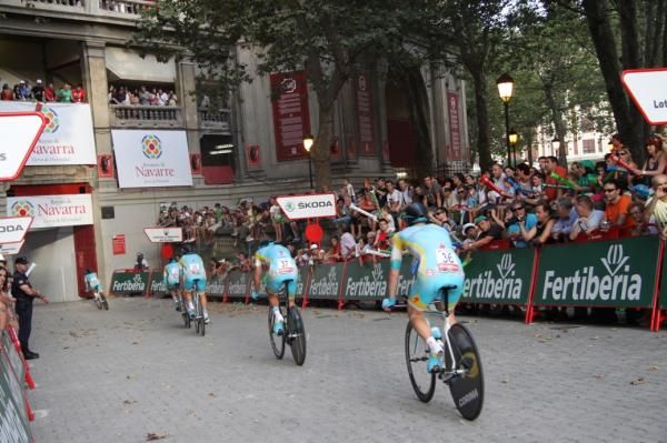 The Astana riders make their way to the finish