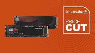 Samsung 990 PRO SSD NVMe M.2 PCIe Gen4 on orange background with TechRadar price cut sign
