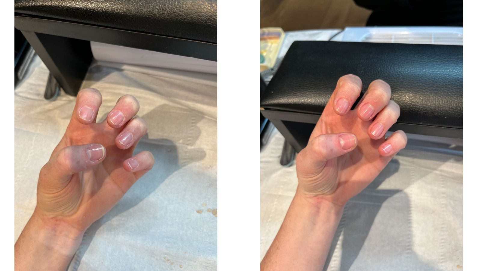 An image of our beauty writer after the first (L) and second (R) buffing stages of a Japanese manicure