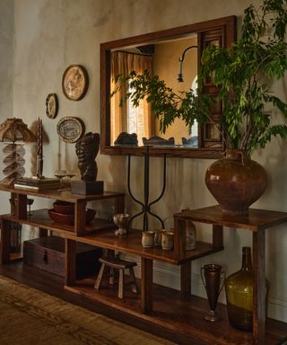 Curated display of vintage decor in a dining room