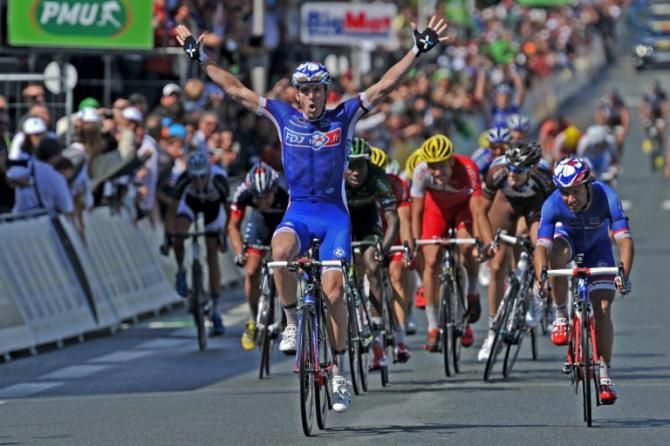Arnaud Demare celebrates winning the French championships