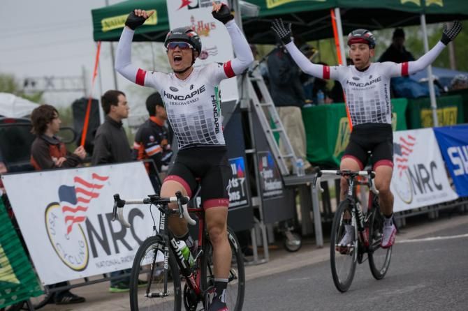 Robin Carpenter leads teammate Joe Lewis across the finish in what was a Hincapie Sportswear Development Team podium sweep for the stage.