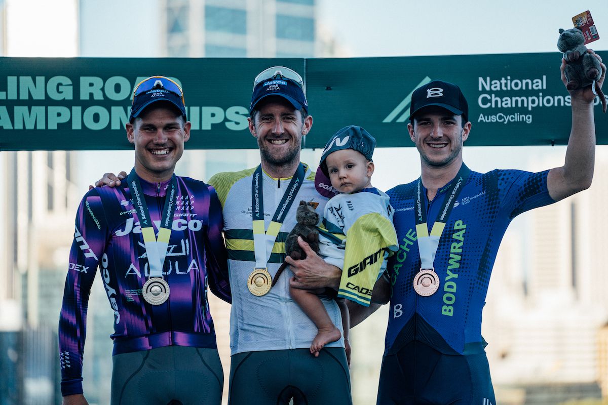 The podium of the elite men&#039;s race at the AusCycling Road National Championships 2025, 1st - Luke Durbridge, 2nd - Luke Plapp, 3rd - Liam Walsh (CCACHE x Bodywrap)