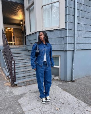 Influencer wears double denim.