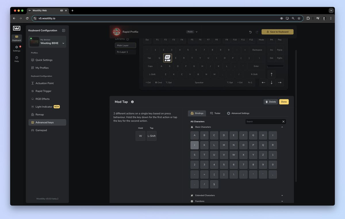 The Wootility.io app being used to customize the Wooting 80HE