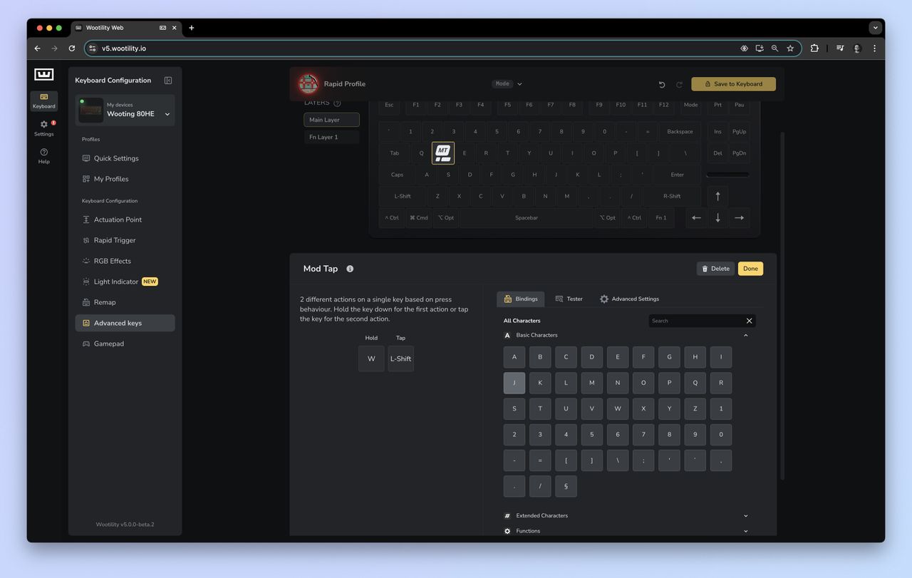 The Wootility.io app being used to customize the Wooting 80HE