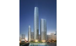 This tapered 950-foot-tall residential and hotel high rise next to the Chicago River is part of a trio of new towers located at the split of the Chicago River