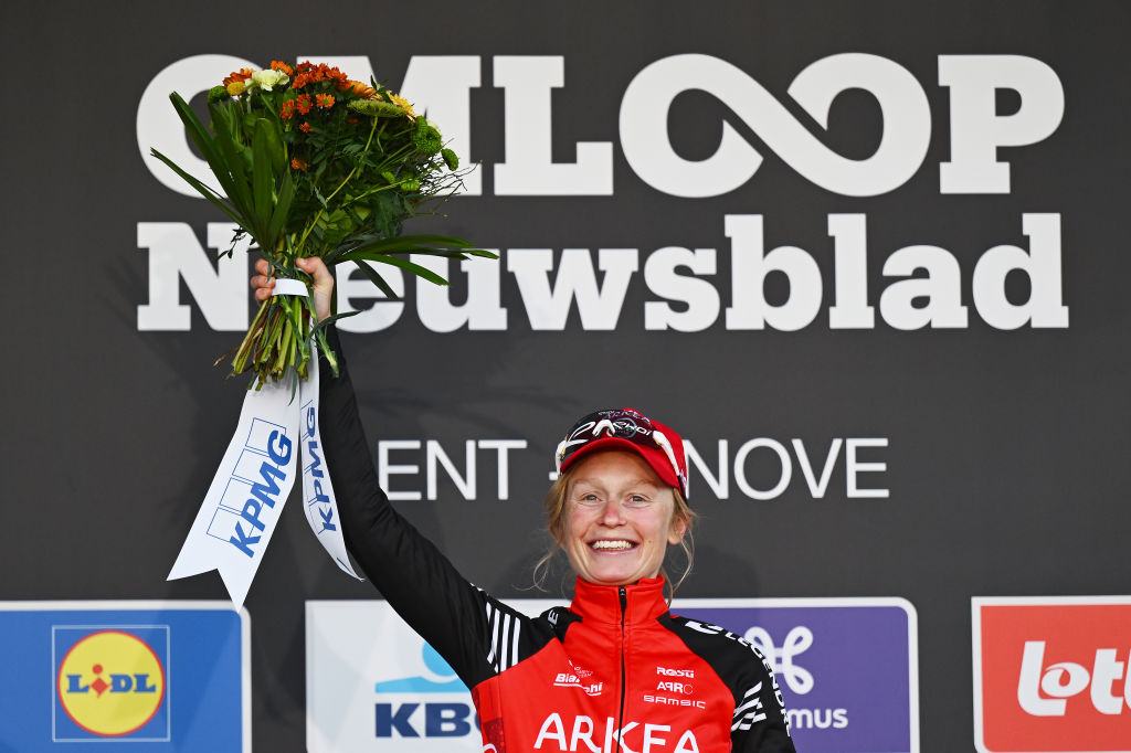 NINOVE, BELGIUM - MARCH 01: Lotte Claes of Belgium and Team Arkea - B&amp;amp;B Hotels Women celebrates at podium as race winner during the 17th Omloop Het Nieuwsblad 2025, Women&amp;apos;s Elite a 137.9km one day race from Ghent to Ninove / #UCIWWT / on March 01, 2025 in Ninove, Belgium. (Photo by Luc Claessen/Getty Images)