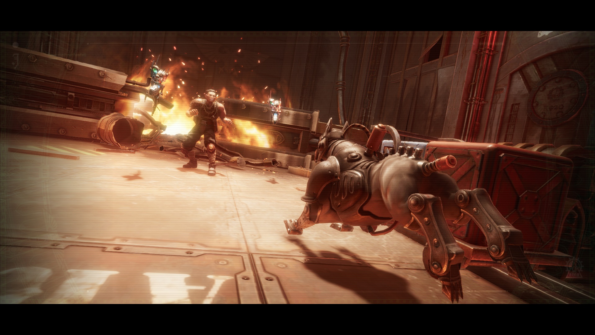 In-game cutscene of a heretic about to be eaten by a Cyber-Mastiff in Warhammer 40,000: Rogue Trader.