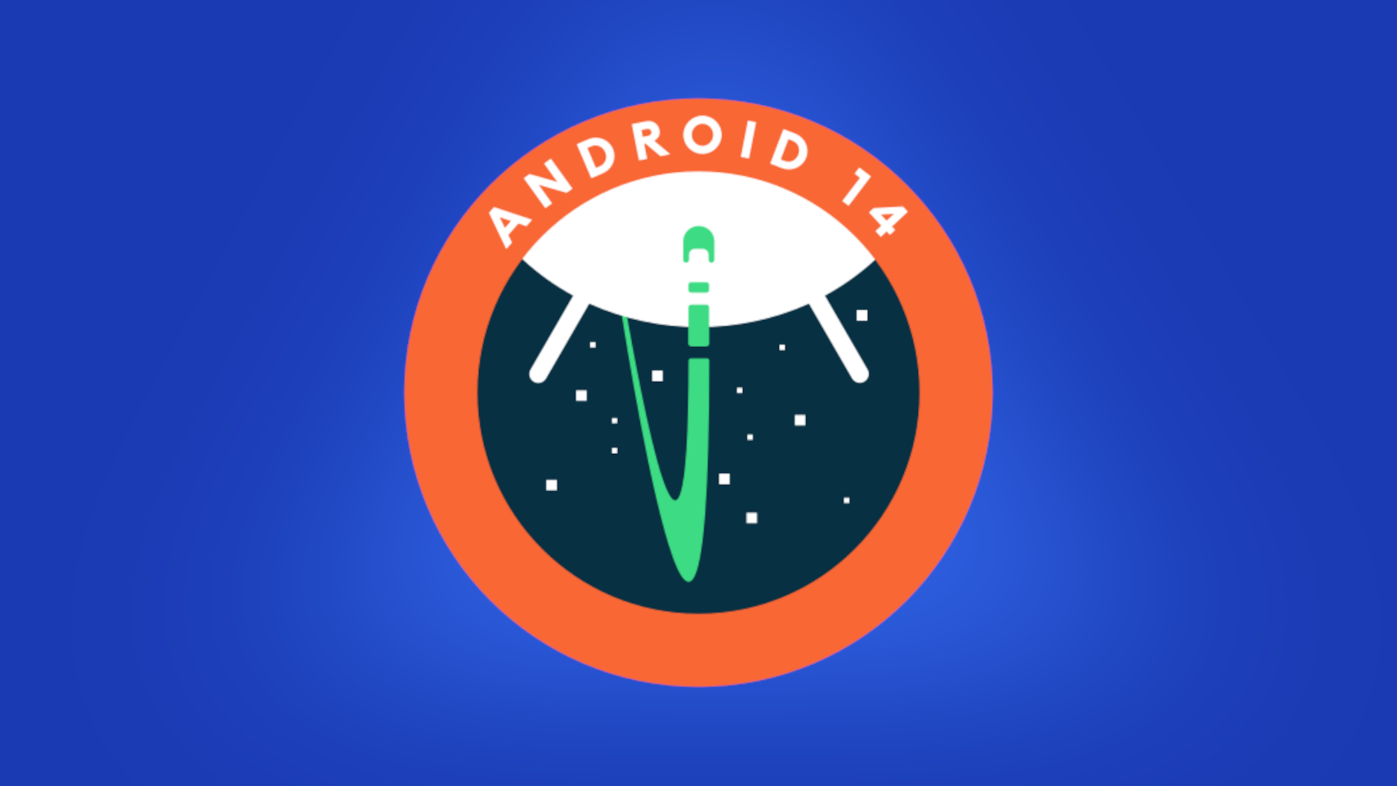 Android 14 logo on blue background