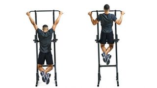 Man demonstrates two positions of the wide-grip pull-up