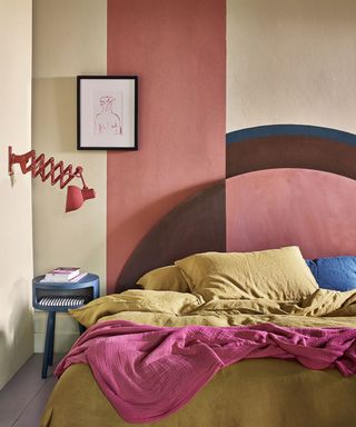 Annie Sloan bedroom wall DIY headboard using chalk paint in old ochre honfleur and scandinavian pink