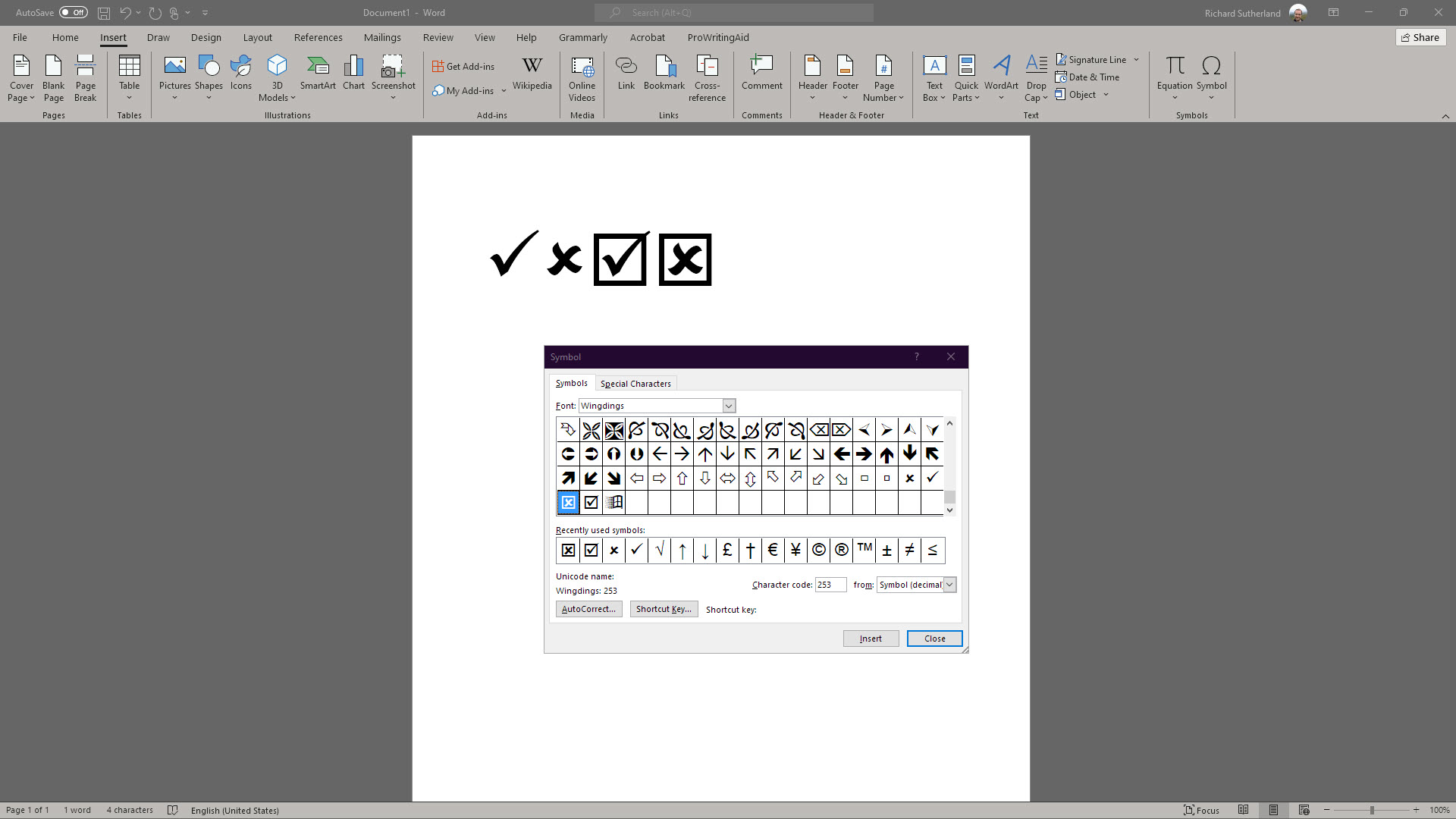 screenshot of symbol menu open in Word