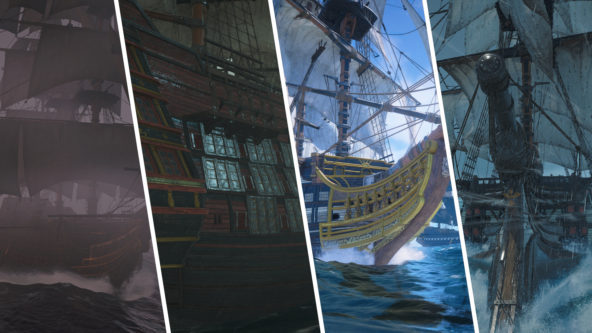A four-way vertically split image of each of the legendary ships.