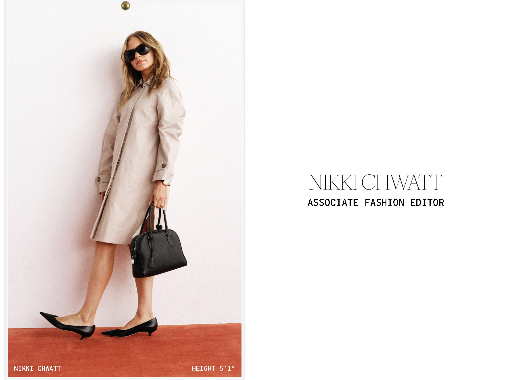 Nikki wears a beige trench coat.