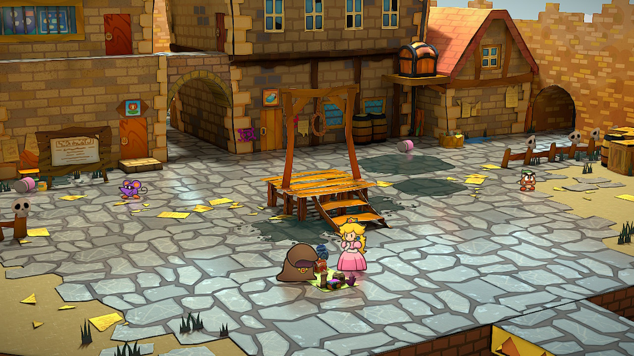 A screenshot from Paper Mario: The Thousand-Year Door showing Princess Peach visiting the town of Rogueport