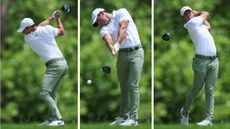 Rory McIlroy golf swing split into three images (top of backswing, impact and finish position)