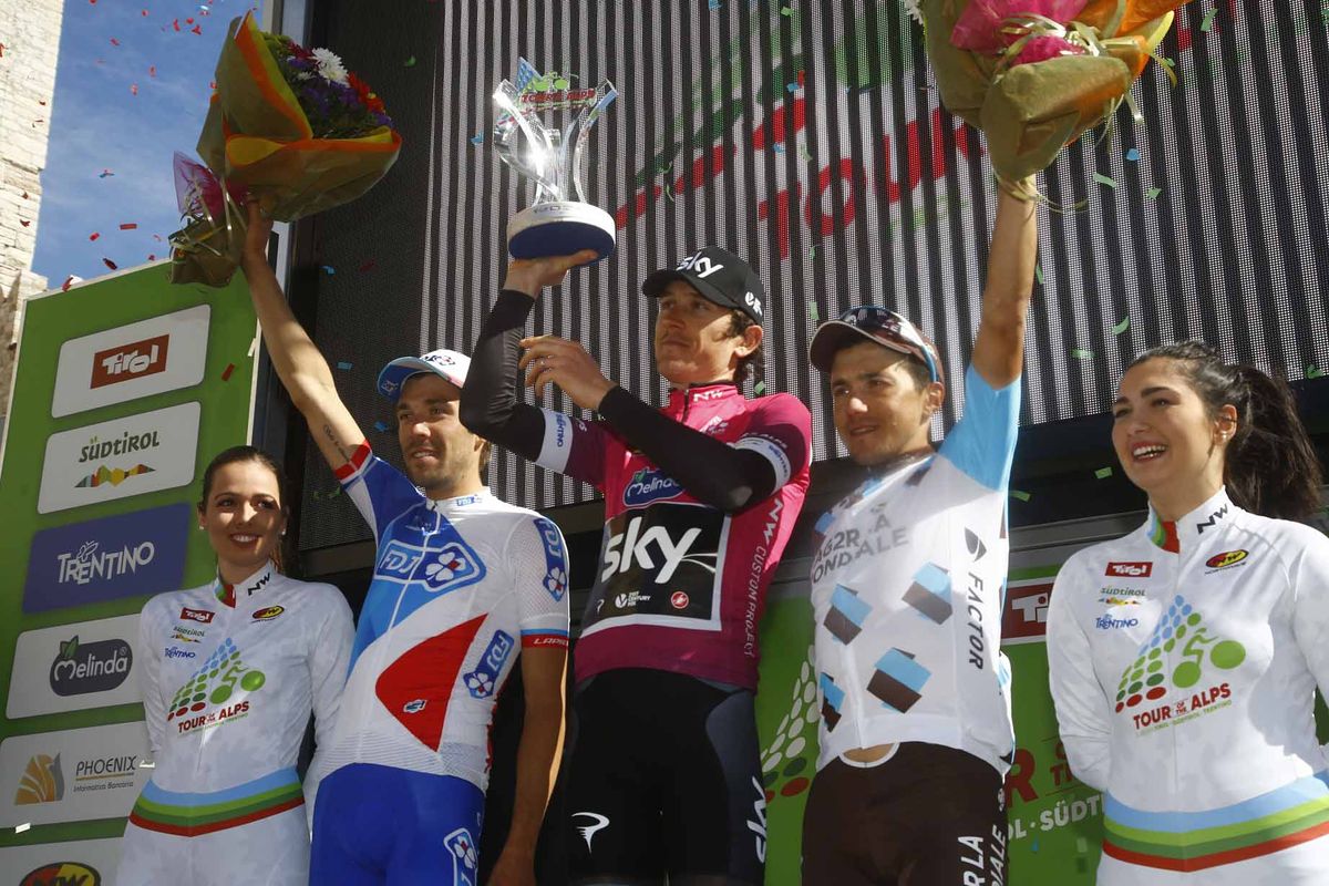 Geraint Thomas with Thibaut Pinot and Domenico Pozzovivo on the Tour of the Alps podium.