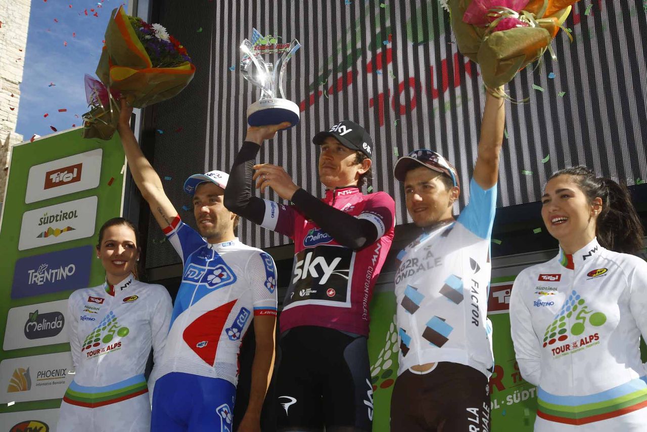 Geraint Thomas with Thibaut Pinot and Domenico Pozzovivo on the Tour of the Alps podium.