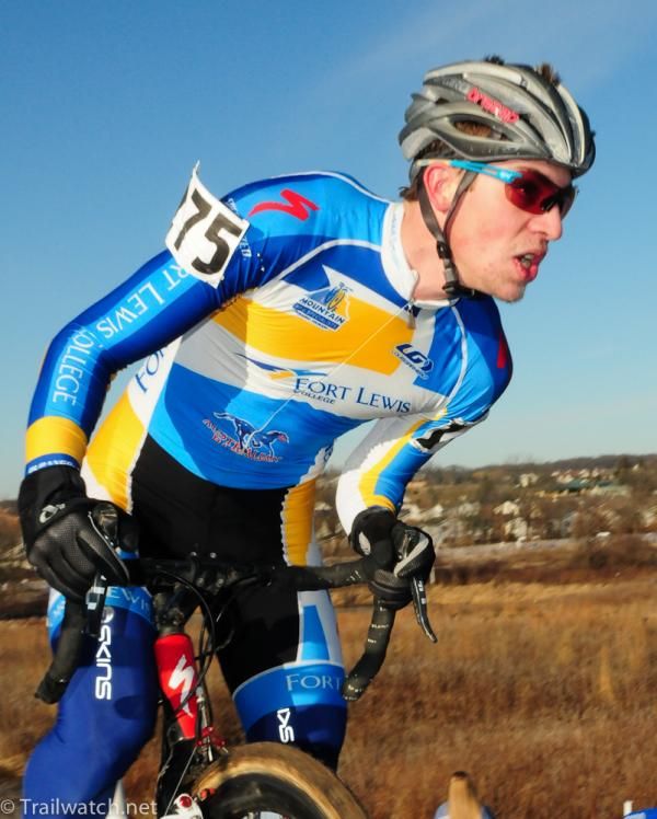 Skyler Trulillo (Fort Lewis) riding third with one lap to go.