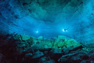 broad view of underwater cave Hoyo Negro on Mexico's Yucatan Peninsula.
