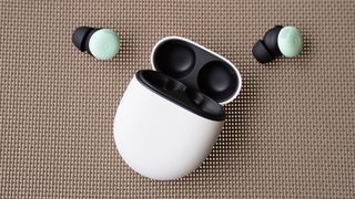 The Google Pixel Buds Pro 2 in the Mint colorway.