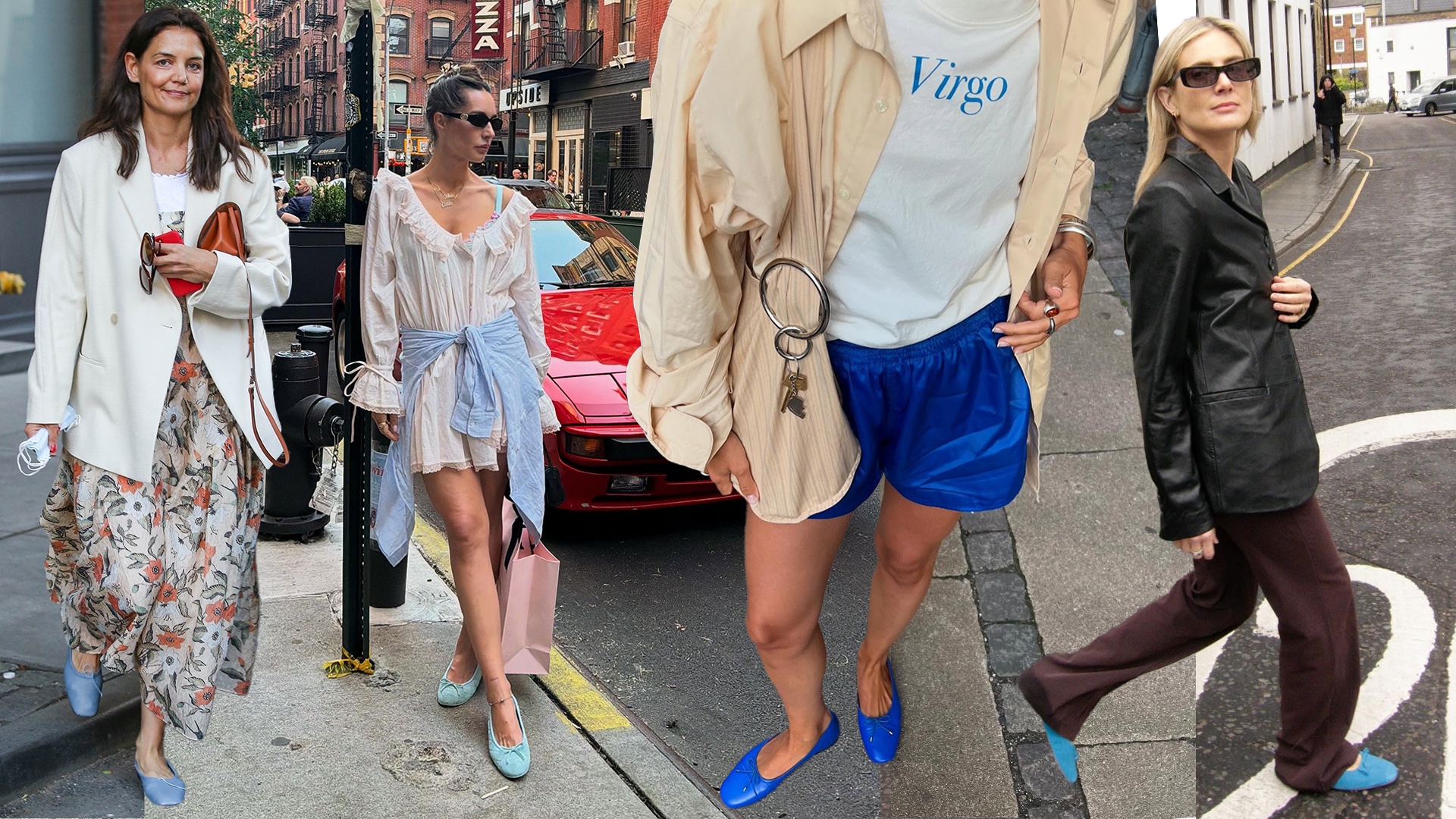 fashion collage featuring celebrities and influencers like Katie Holmes, Pia Baroncini, Lucy Williams, and Amalie Nielsen wearing chic 2026 outfits with blue ballet flats
