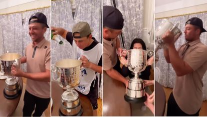 A four-image photo of Xander Schauffele and his family drinking from the Wanamaker Trophy