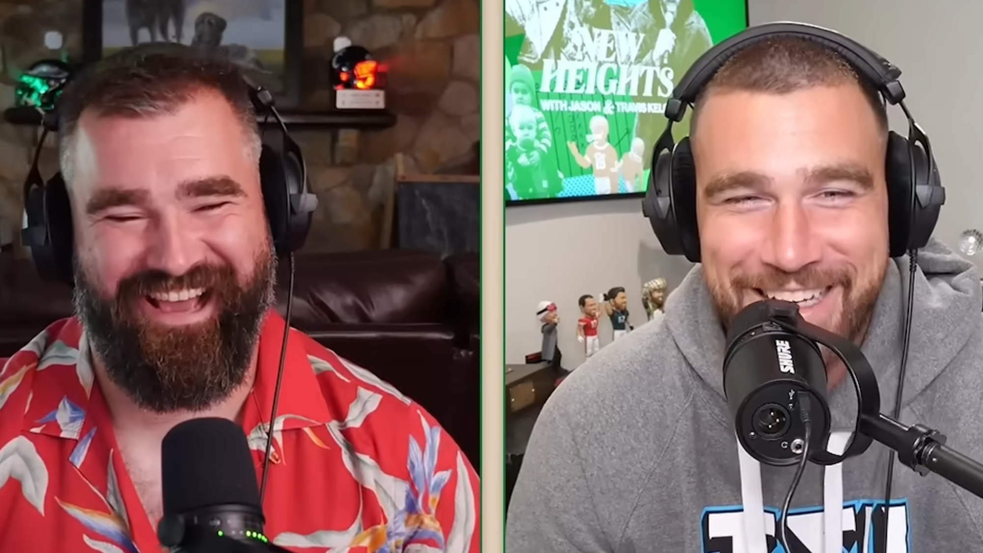 Jason Kelce laughs as he wears a red Hawaiian shirt in a side-by-side image with Travis Kelce, who's also smiling in a gray hoodie, as they discuss Travis' night at the Eras Tour in 2023.
