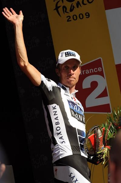 Stage winner Nicki S&ouml;rensen (Team Saxo Bank) on the podium.