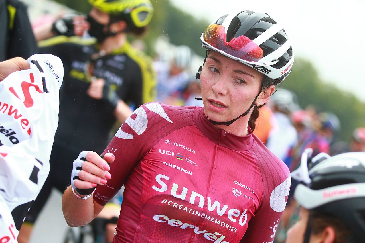 Liane Lippert wearing the Women's WorldTour leader's jersey