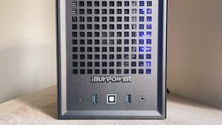 iBuypower Revolt 3 PC case up close, showing front ports