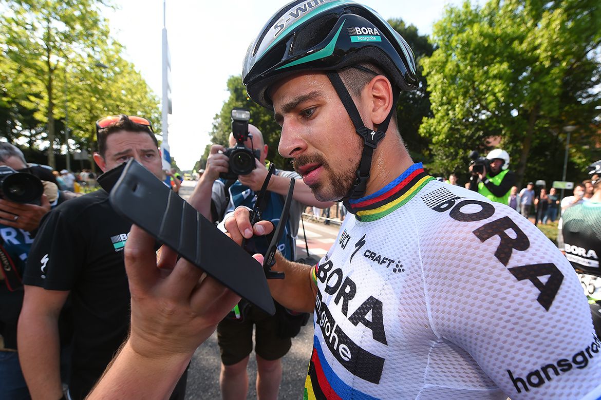 Sagan looks at the finish photo