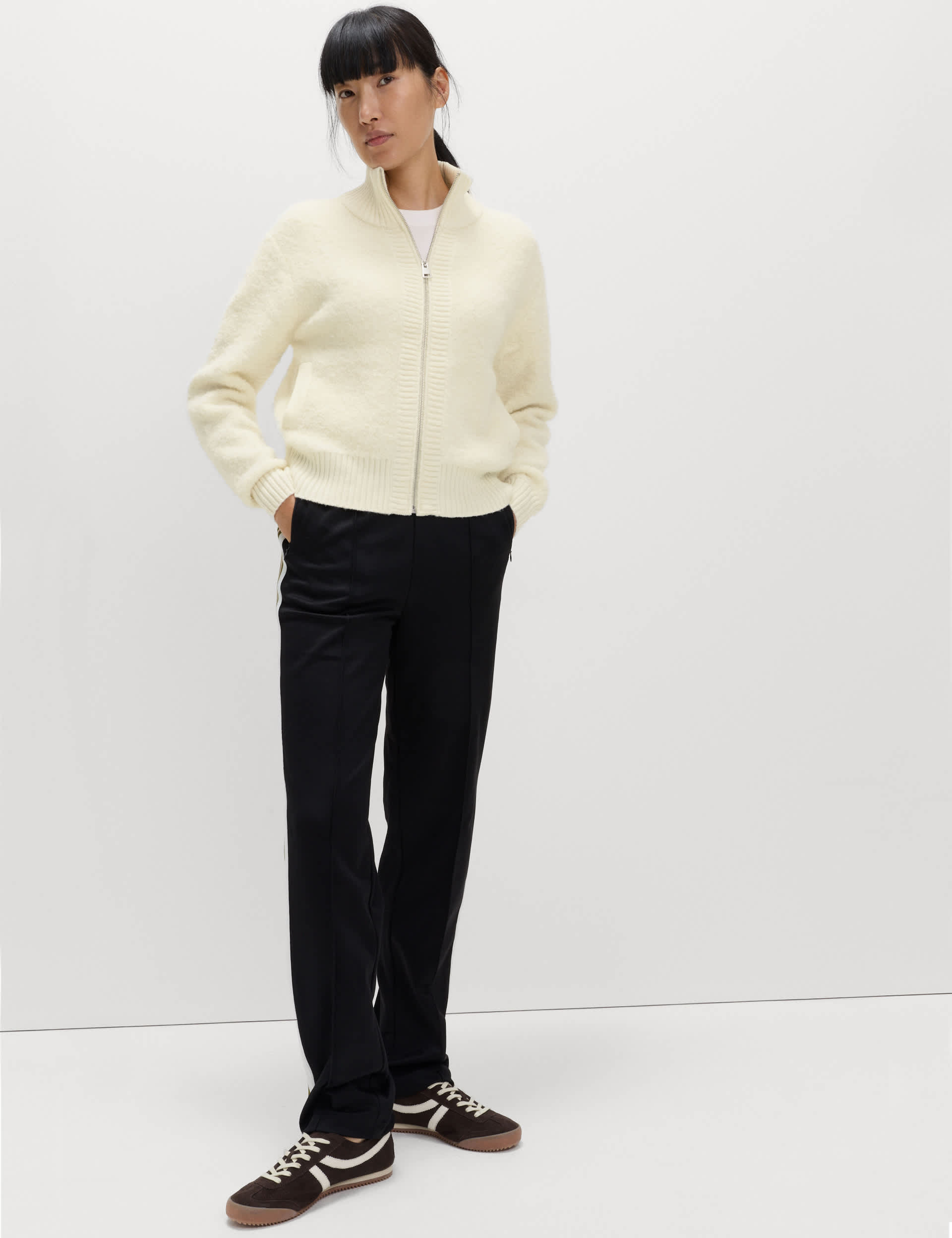 Boucle Funnel Neck Bomber Cardigan With Wool