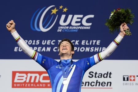 Gold medalist Stefan Kueng of Switzerland celebrates after winning the Men's Individual Pursuit at the Track Elite European Championships