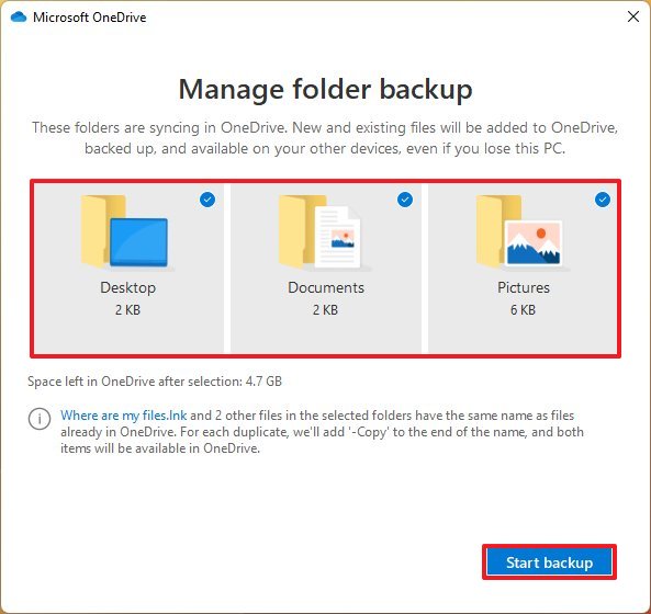Start file backup to OneDrive