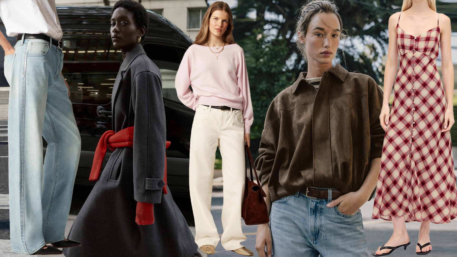 a fashion collage featuring items from the latest fall collections at Zara, J.Crew, and Gap including jeans, a gray coat, light pink sweater, brown suede jacket, and a red plaid dress