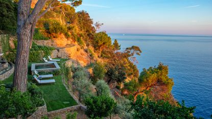 terraced coastal garden on a hillside with views out to sea