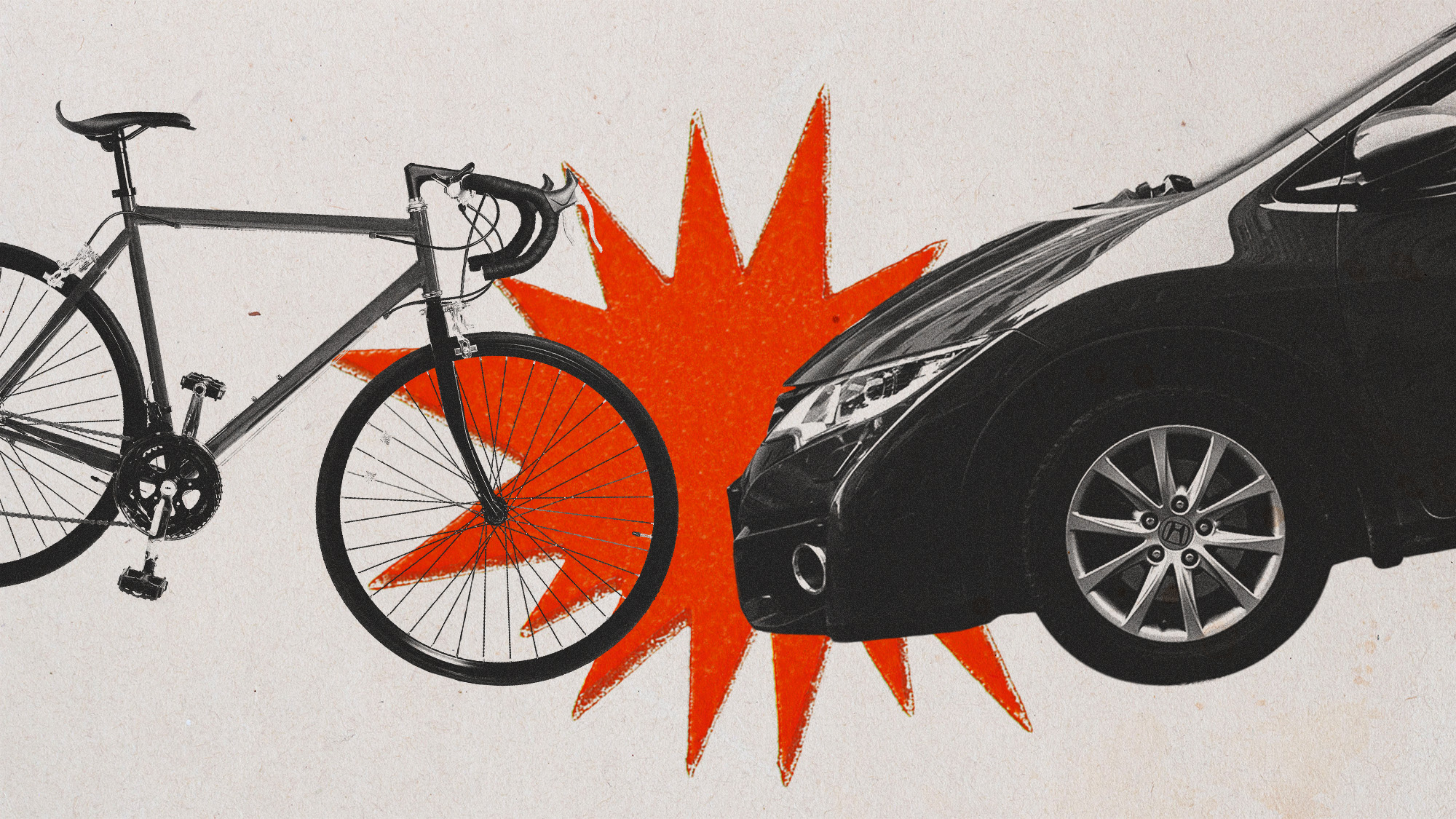 Photo collage of a bike and car clashing